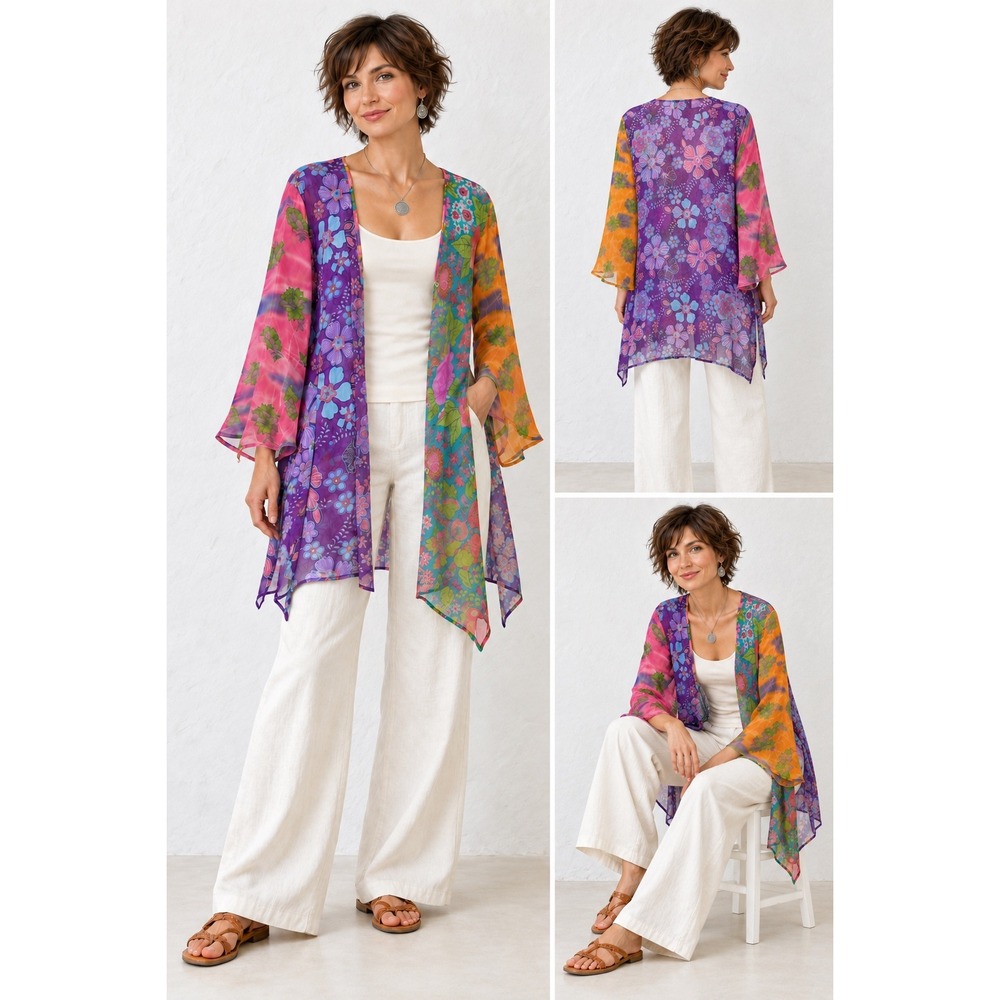 The Pyramid Collection Tunic Top 2X Multicolor Sheer Floral Patchwork Boho